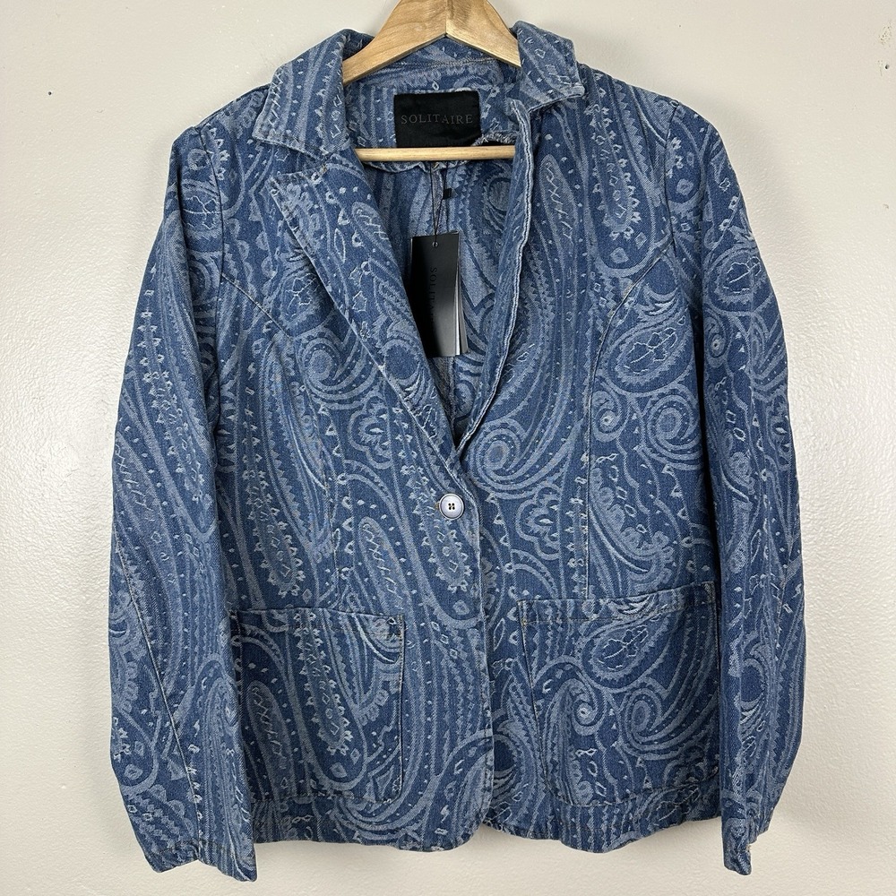 Solitaire Women's Medium Blue Denim Paisley Boho Blazer Jacket NEW
